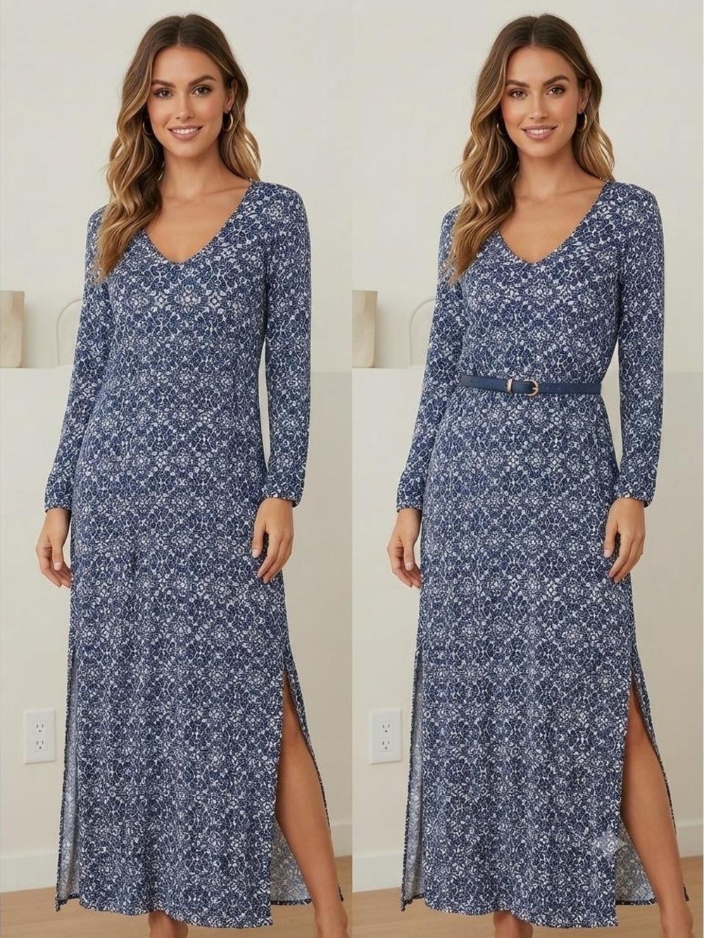 Lulus Maxi Dress Women Small Blue Tile Print Long Sleeve V-Neck Side Slit R64395